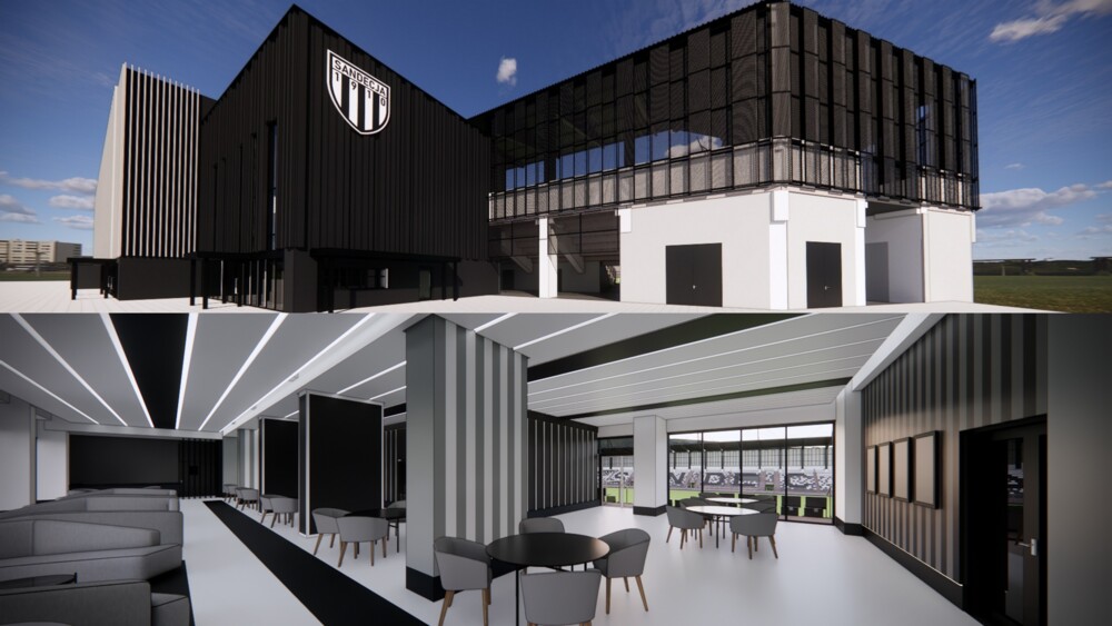 Stadion Sandecji w Nowym Sączu w świetle lamp. Było też o kolejnych pracach i aranżacji wnętrz [WIZUALIZACJE]