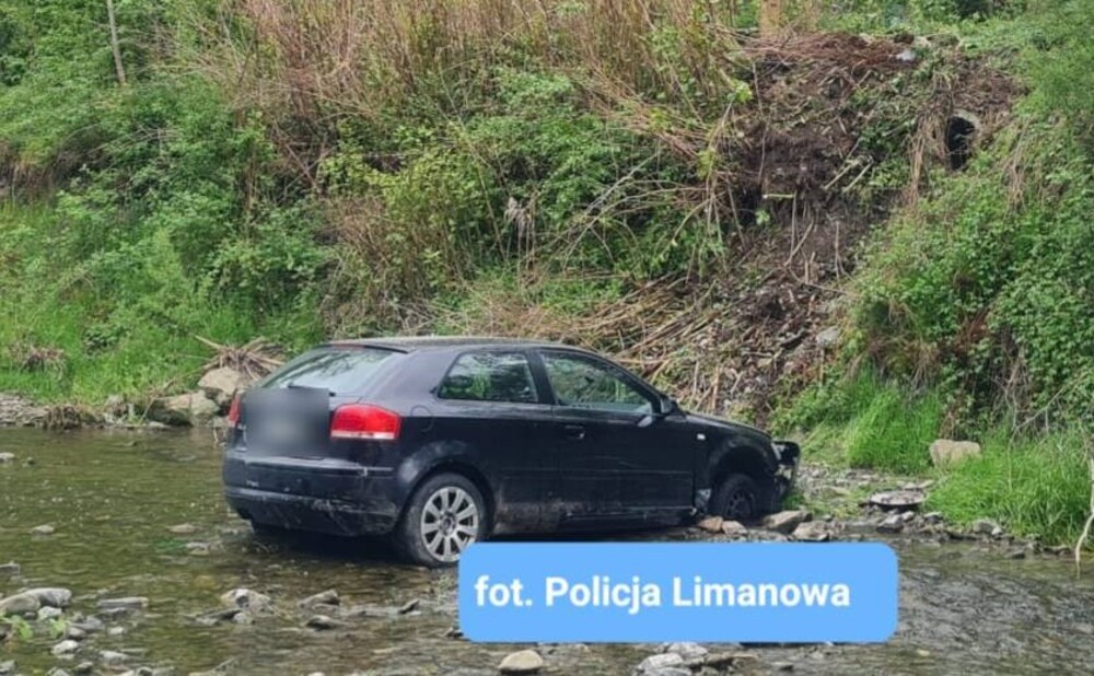 Jechał za szybko i doszło do nieszczęścia. Samochód uderzył w drzewo i wpadł do rzeki [ZDJĘCIA]