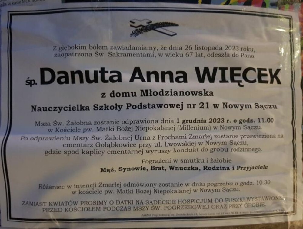 Zmarła zasłużona i lubiana nauczycielka. Wychowała wiele pokoleń młodzieży